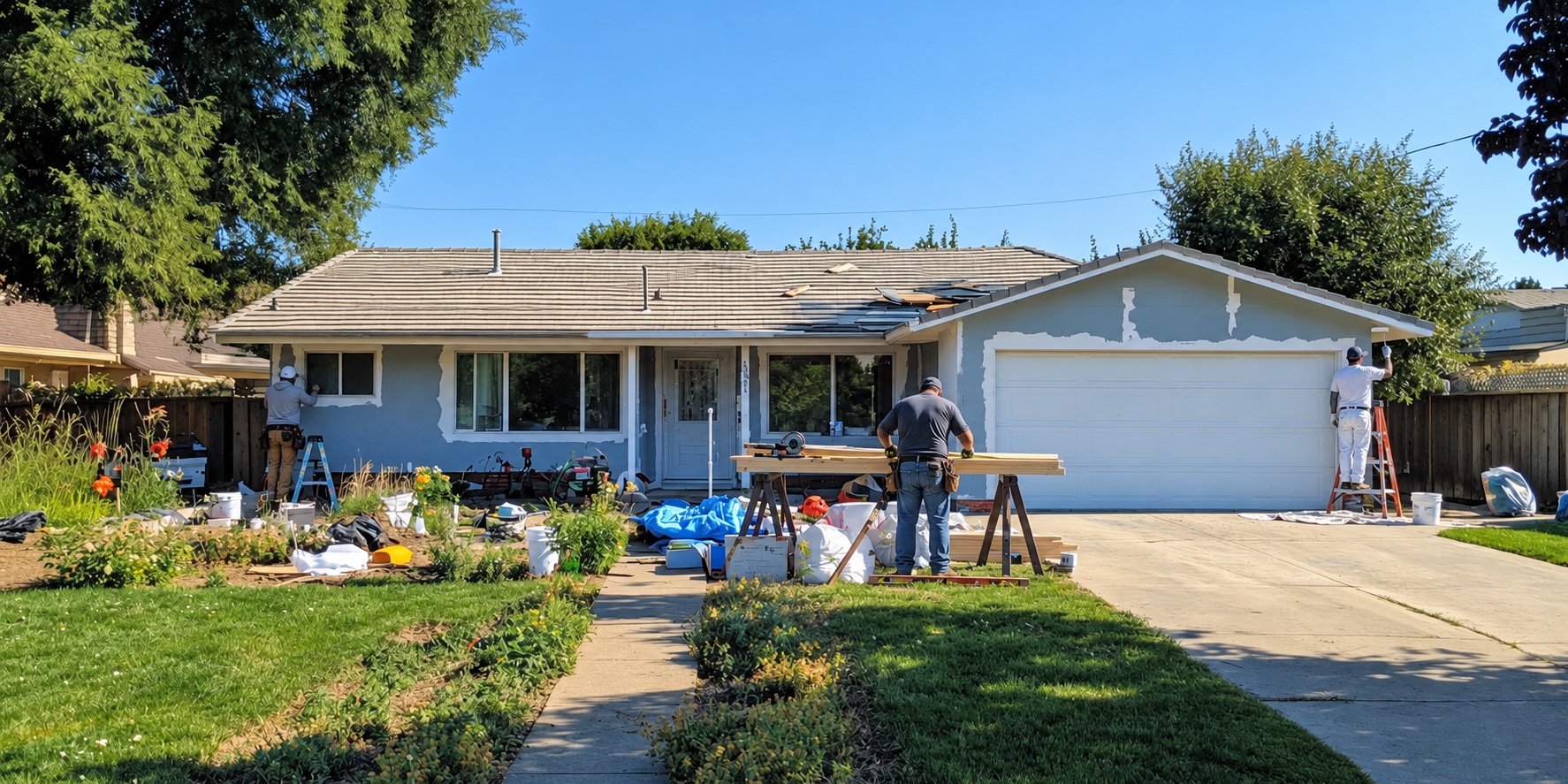 Three workers remodeling a house, facing away from the camera